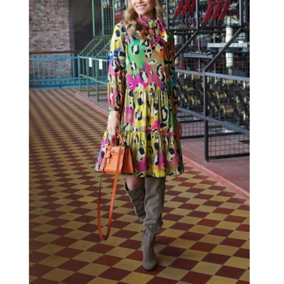 Mucho Gusto Women's Multicolor Leopard San Rafael Short Tiered Dress Size L - Picture 3 of 5